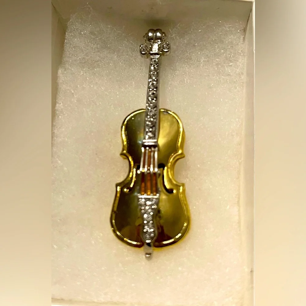 Vintage Gold and Silver Violin Brooch with Crystal Accents - Picture 1 of 3